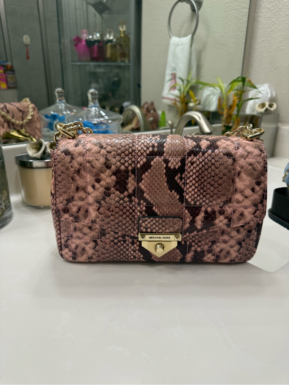 Michael Kors Pink Snake-Embossed Crossbody Bag with Gold Hardware